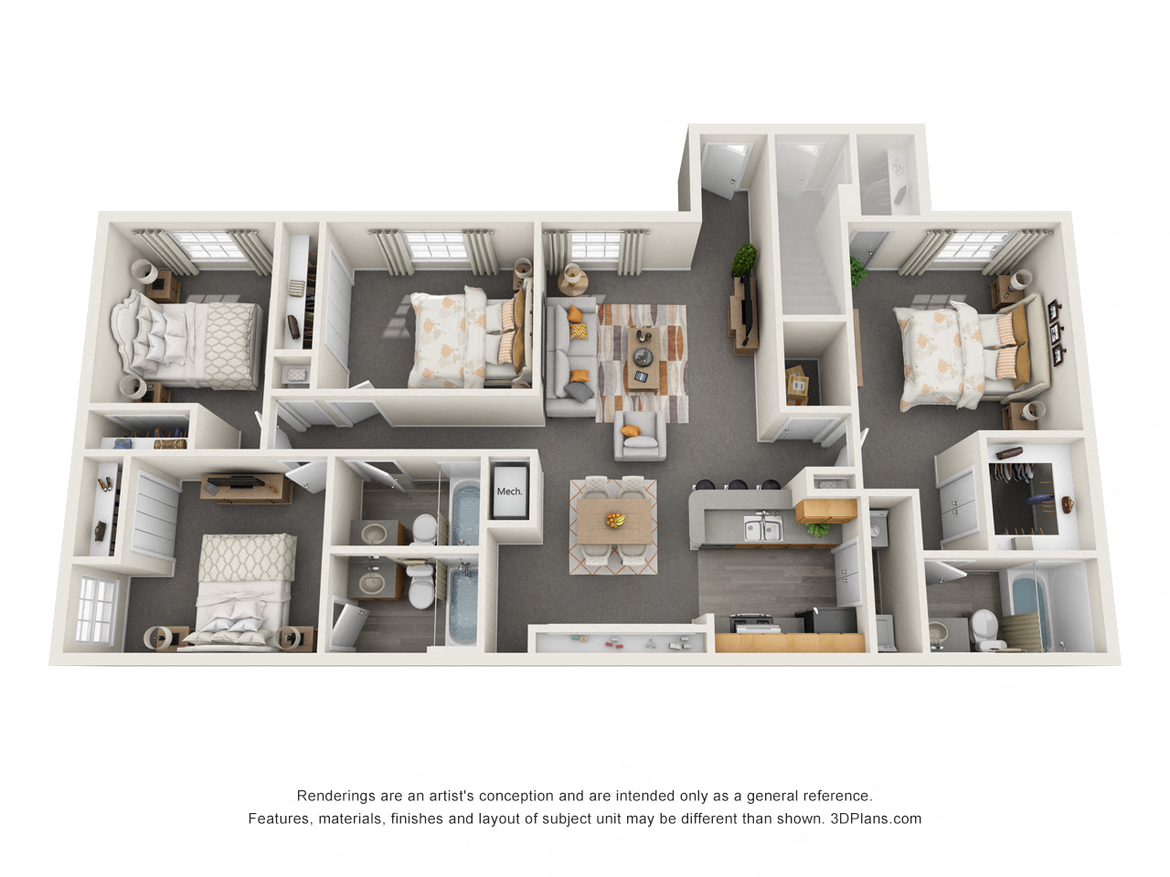 Floor plan for 4 beds, 3 baths, 1438 sqft